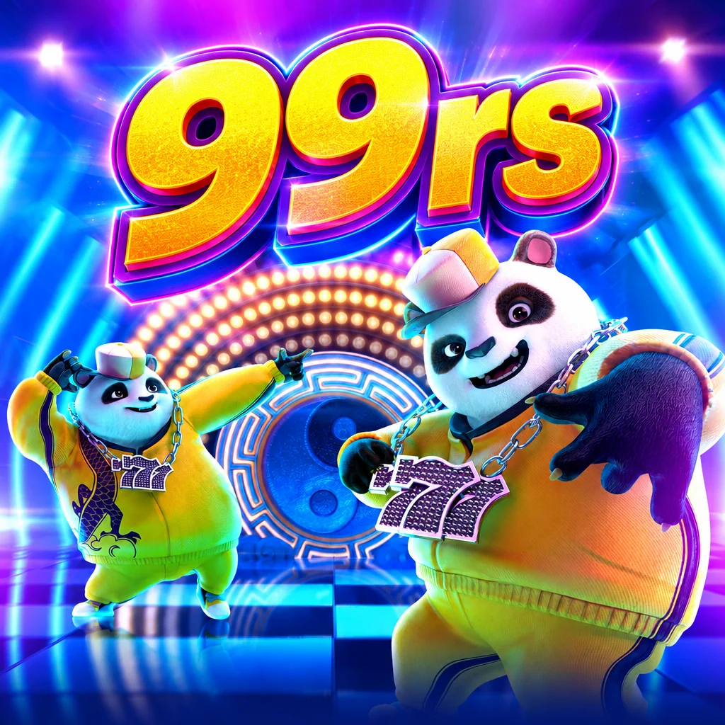Logo 99rs bersama karakter panda bergaya hip hop mengenakan setelan kuning di lantai dansa berpencahayaan neon.