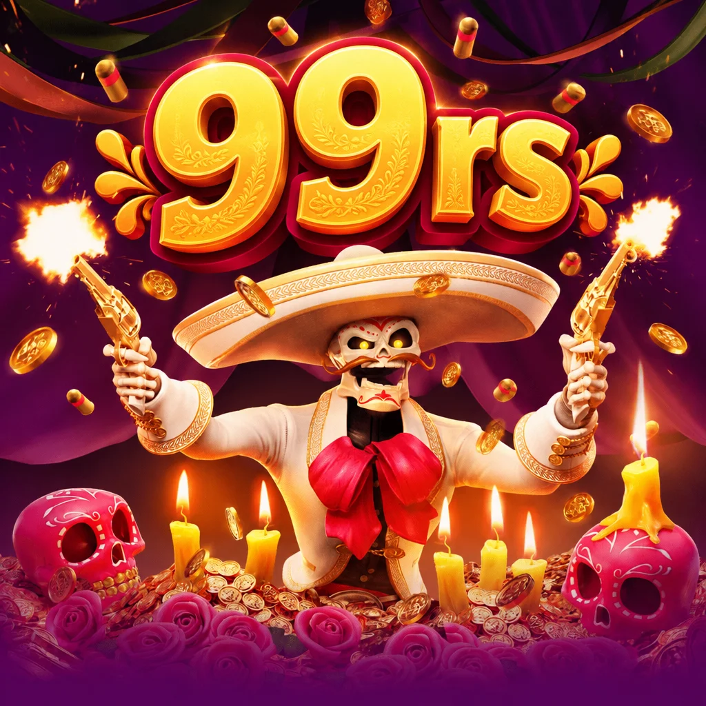 Logo 99rs dengan latar visual bertema Wild Bandito bernuansa Meksiko dan karakter bertopi sombrero.